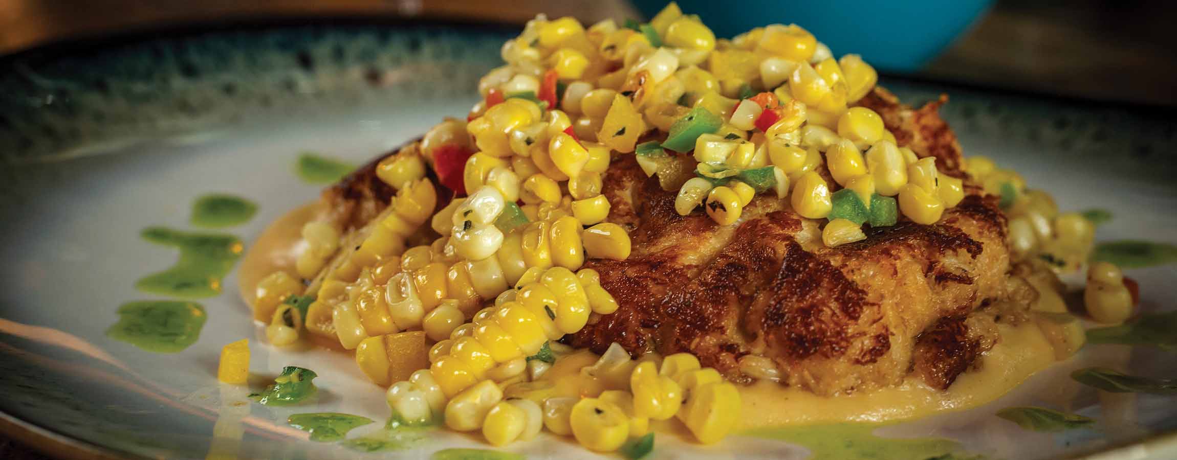 Crab Cakes with freshly-shucked corn served at Napa Kitchen & Bar in Columbus, Ohio.